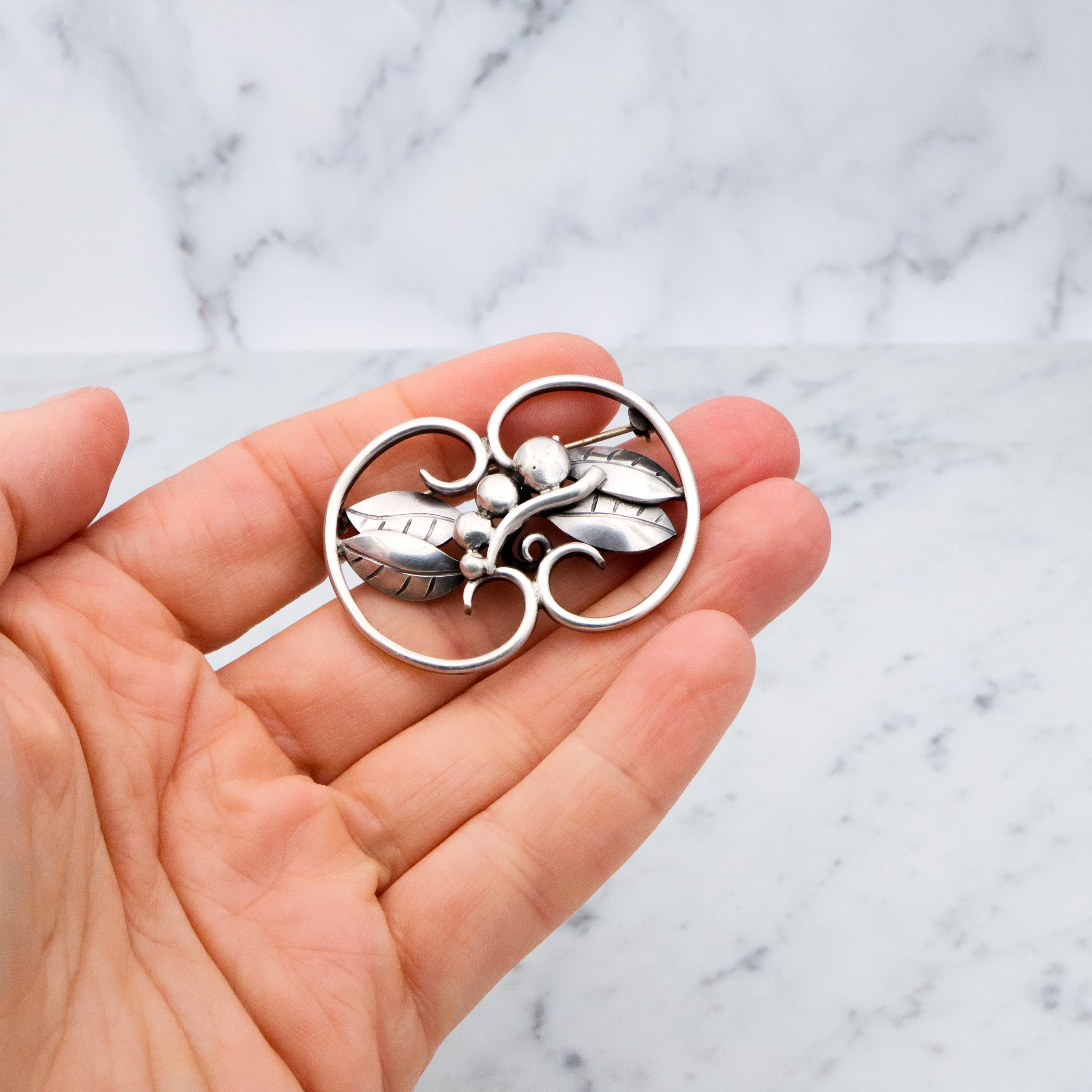 Handmade Mid Century sterling leaves & berries brooch